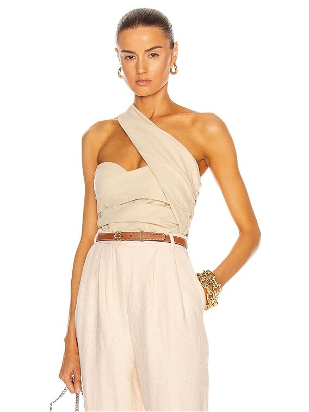 Revolve Atoir Never Really Over One-Shoulder Wrap Bodysuit in Beige XS